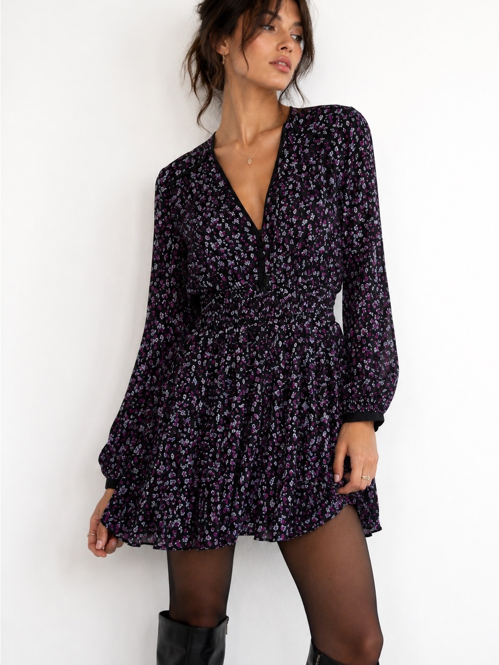 The Kooples Floral Smocked Mini Dress Black Purple Long Sleeve Size 1